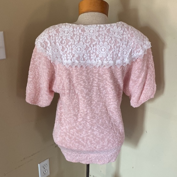 VTG Ashley Stuart linen blend lace bow sailor collar short sleeve pink sweater L - Picture 5 of 6